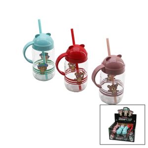 QLUX C-00374 TEDDY BEAR ( KULPLU ) ( PİPETLİ ) ( CAM ) BARDAK ( AYICIK RESİMLİ & FİGÜRLÜ ) (RENKLİ PLASTİK KAPAK) ( 370CC )*20=K