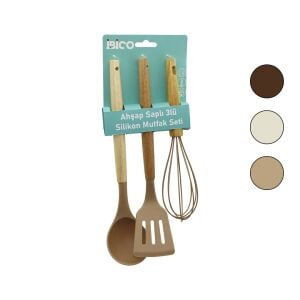 İBİCO İ22-008 ( 3PCS ) ( RENKLİ SİLİKON ) MUTFAK SETİ ( AHŞAP & BAMBU SAPLI ) ( ÇIRPICI  & KEPÇE  & SPATULA ) ( 25-30CM )*12X6