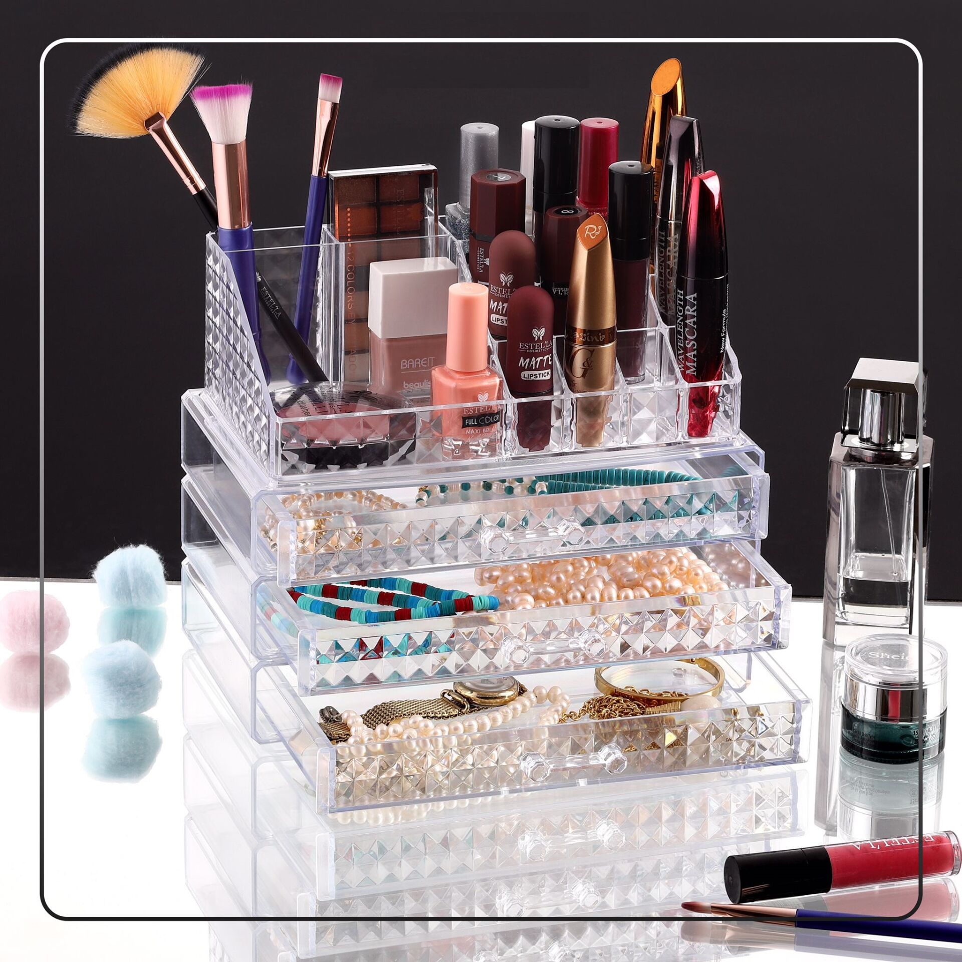 BLACKSTONE KRC-023 (3PCS ÇEKMECELİ) DİAMOND MAKYAJ & TAKI ORGANİZER (MİKA KRİSTAL PLS.)(16-BÖLME=12++2+1+1) (13.5X23X19CM)*6