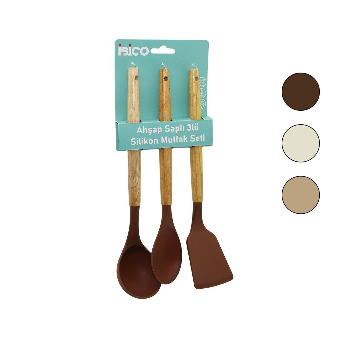 İBİCO İ22-009 ( 3PCS ) ( RENKLİ SİLİKON ) ( AHŞAP & BAMBU SAPLI ) MUTFAK SETİ ( KEPÇE & KAŞIK & SPATULA ) ( 30CM )*12X6