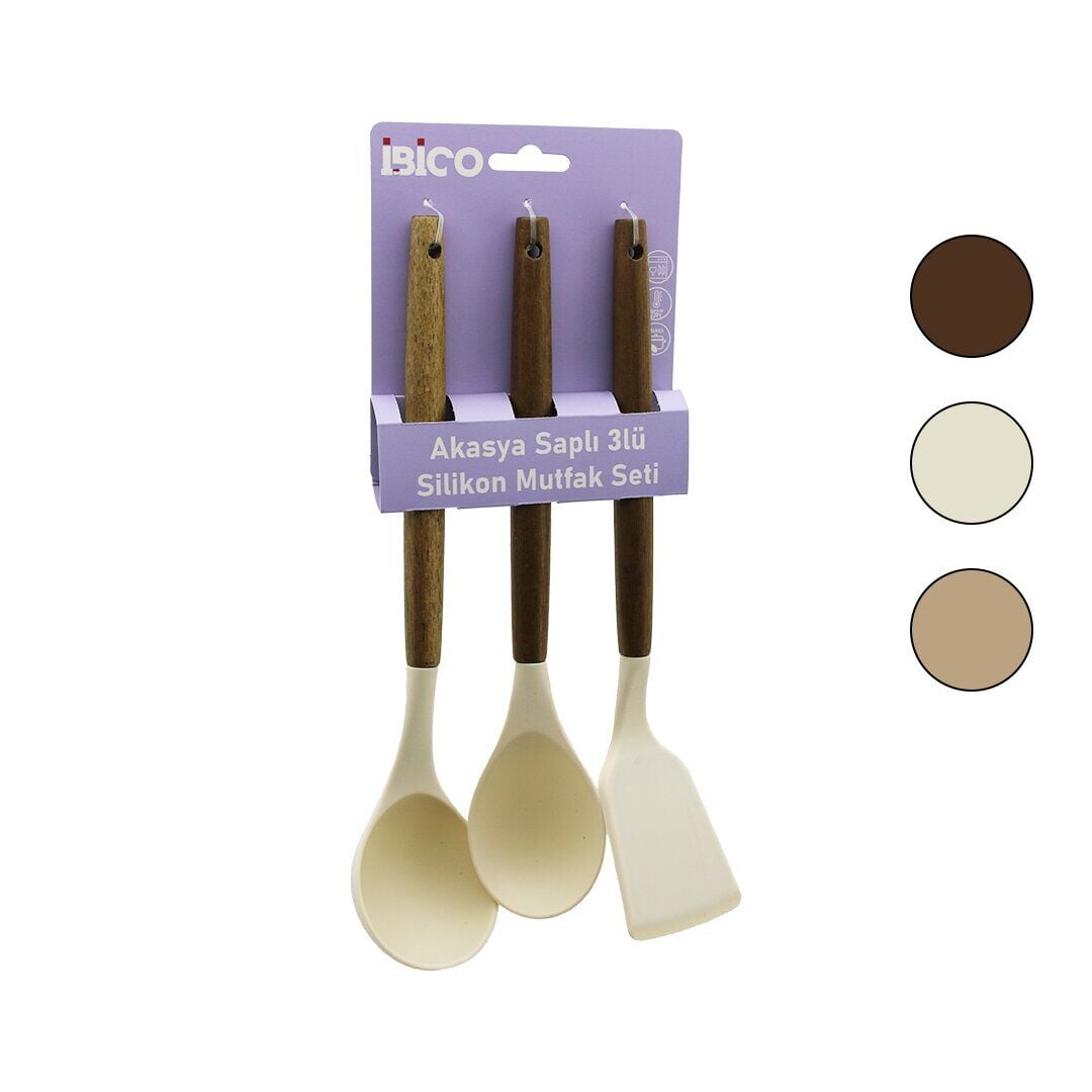 İBİCO İ22-013 ( 3PCS ) ( RENKLİ SİLİKON ) ( AHŞAP AKASYA SAPLI ) MUTFAK SETİ ( KEPÇE & KAŞIK & SPATULA ) ( 30CM )*12X6