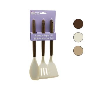 İBİCO İ22-014 ( 3PCS ) ( RENKLİ SİLİKON ) ( SPATULA ) MUTFAK SETİ ( AHŞAP AKASYA SAPLI ) ( KLASİK & YAN & DELİKLİ SPATULA) (30CM)*12X6