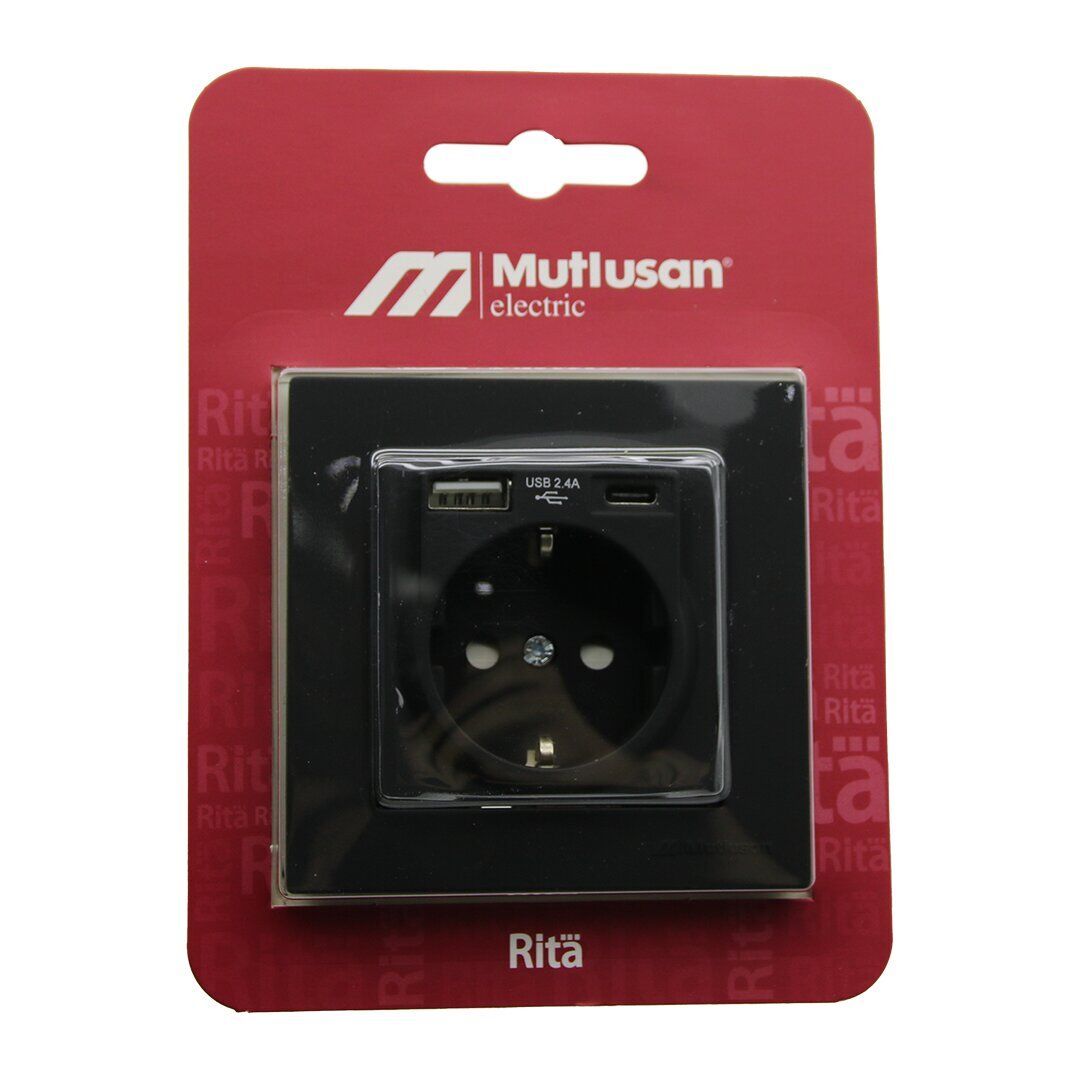 MUTLUSAN RİTA-2220 629 0284 ( BLİSTERLİ & KARTLI ) ( SİYAH & USB + TYPE-C ' Lİ TOPRAKLI PRİZ ) ÇERÇEVELİ*8X1