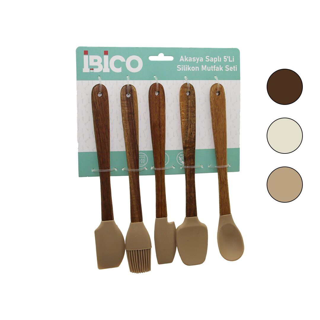 İBİCO İ22-024 ( 5PCS & MİNİ=21CM ) (RENKLİ SİLİKON) MUTFAK SETİ (3-SPATULA & 1-YUMURTA FIRÇASI & 1-KAŞIK) (AHŞAP AKASYA SAPLI)*24X3