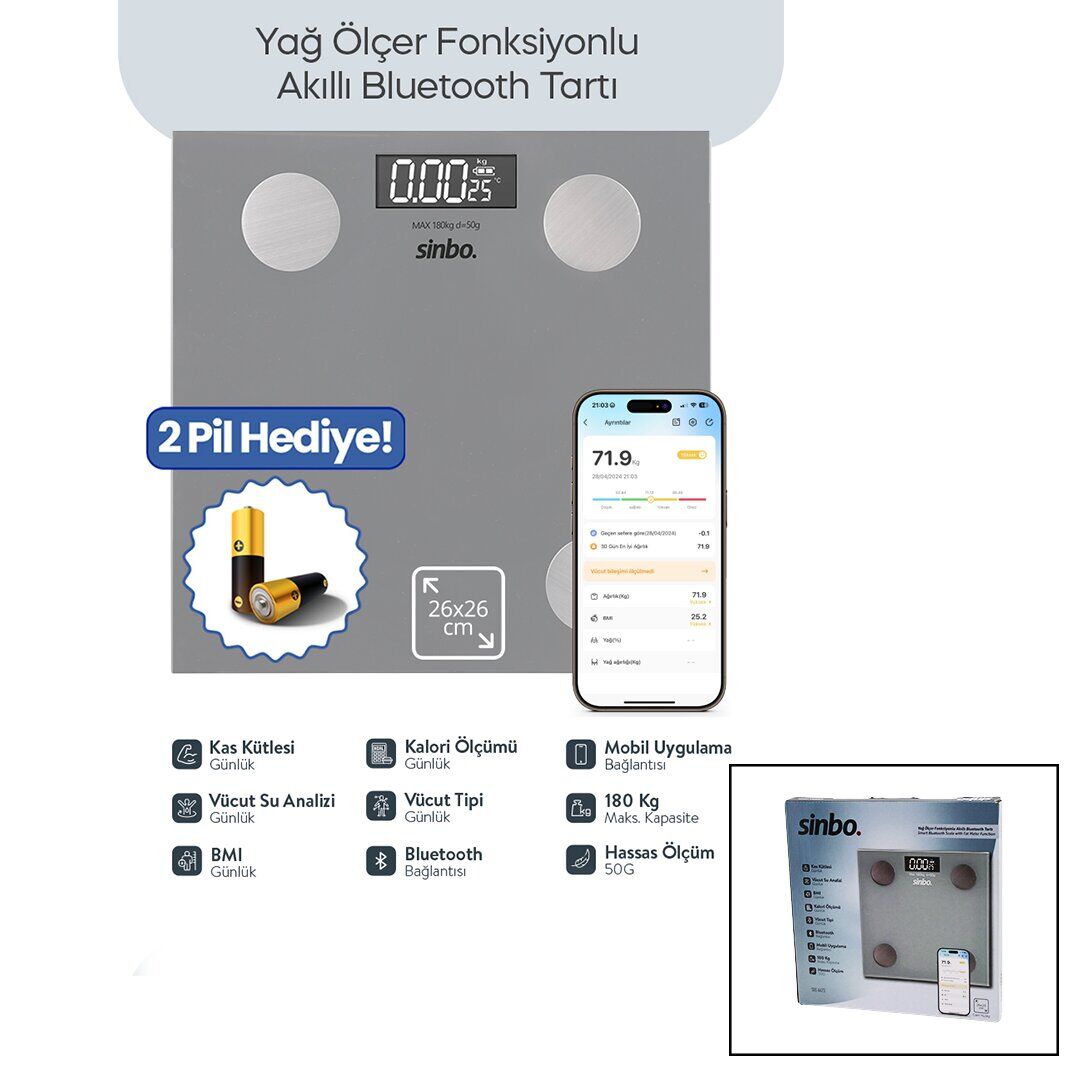 SİNBO SBS-4473 ( GRİ ) (YAĞ ÖLÇER) AKILLI (BLUETOOTH) CAM BASKÜL (PİLLİ) (180KG/50GR) (26X26CM) (8-KİŞİ HAFIZA) (LCD EKRAN) (℃ GÖSTERGE)*10