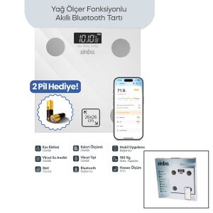 SİNBO SBS-4472 ( BEYAZ ) (YAĞ ÖLÇER) AKILLI (BLUETOOTH) CAM BASKÜL (PİLLİ) (180KG/50GR) (26X26CM) (8-KİŞİ HAFIZA) (LCD EKRAN) (℃ GÖSTERGE)*10