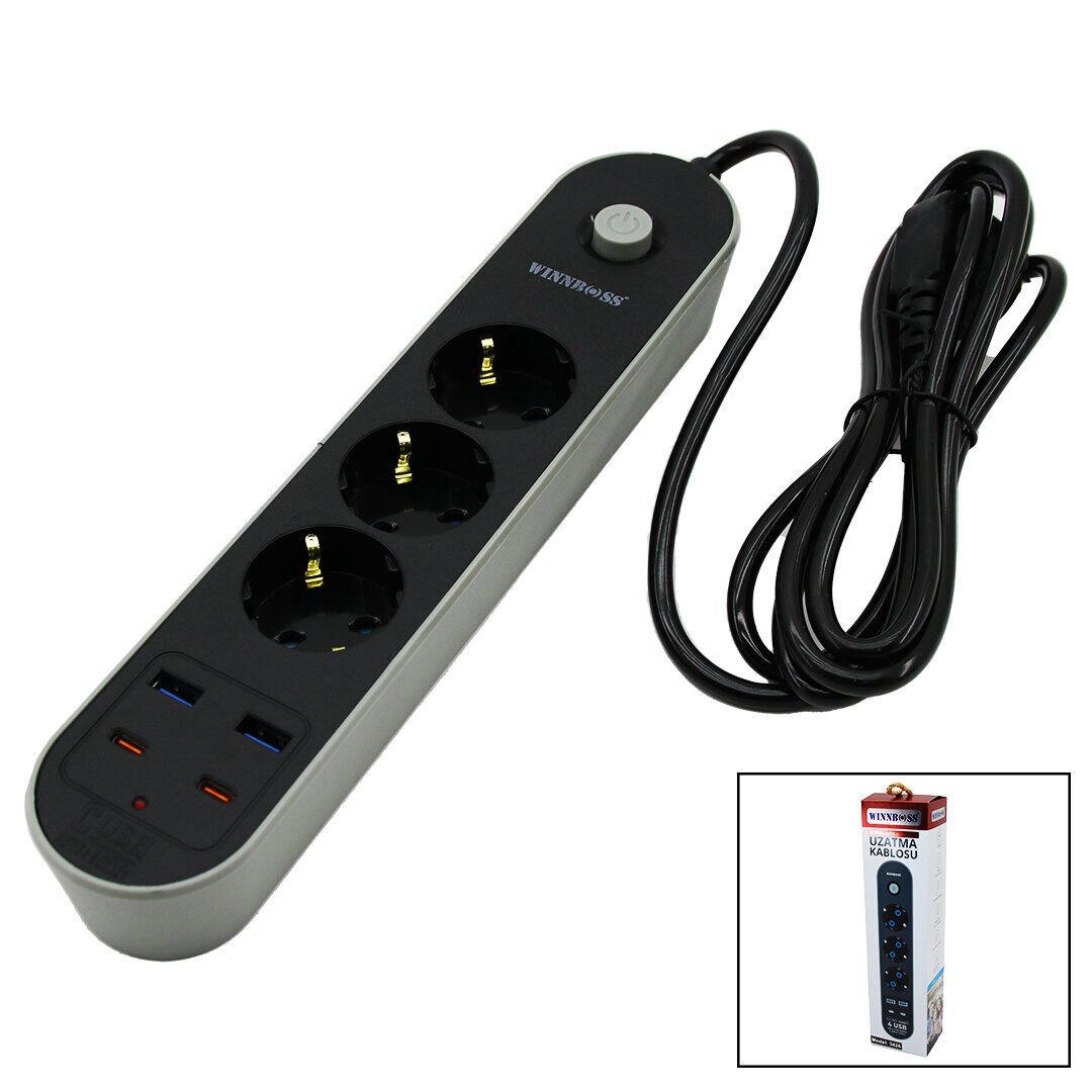 WINNBOSS-3426 TERMAL AKIM KORUMA  ( 3X PRİZ ) ( 2X USB ) ( 2X TYPE-C ) ( 2MT ) UZATMA KABLOLU GRUP PRİZ ( 10A & 2500W )*40