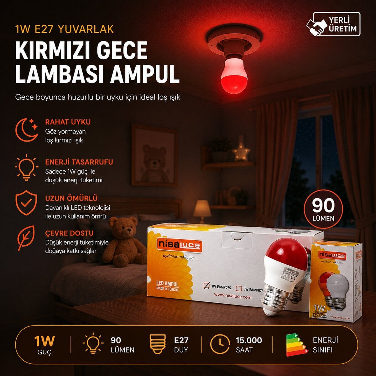 NİSALUCE EAMP-075 ( 1W ) ( E27 ) ( KIRMIZI ) YUVARLAK GECE LAMBASI LED AMPUL*10X10