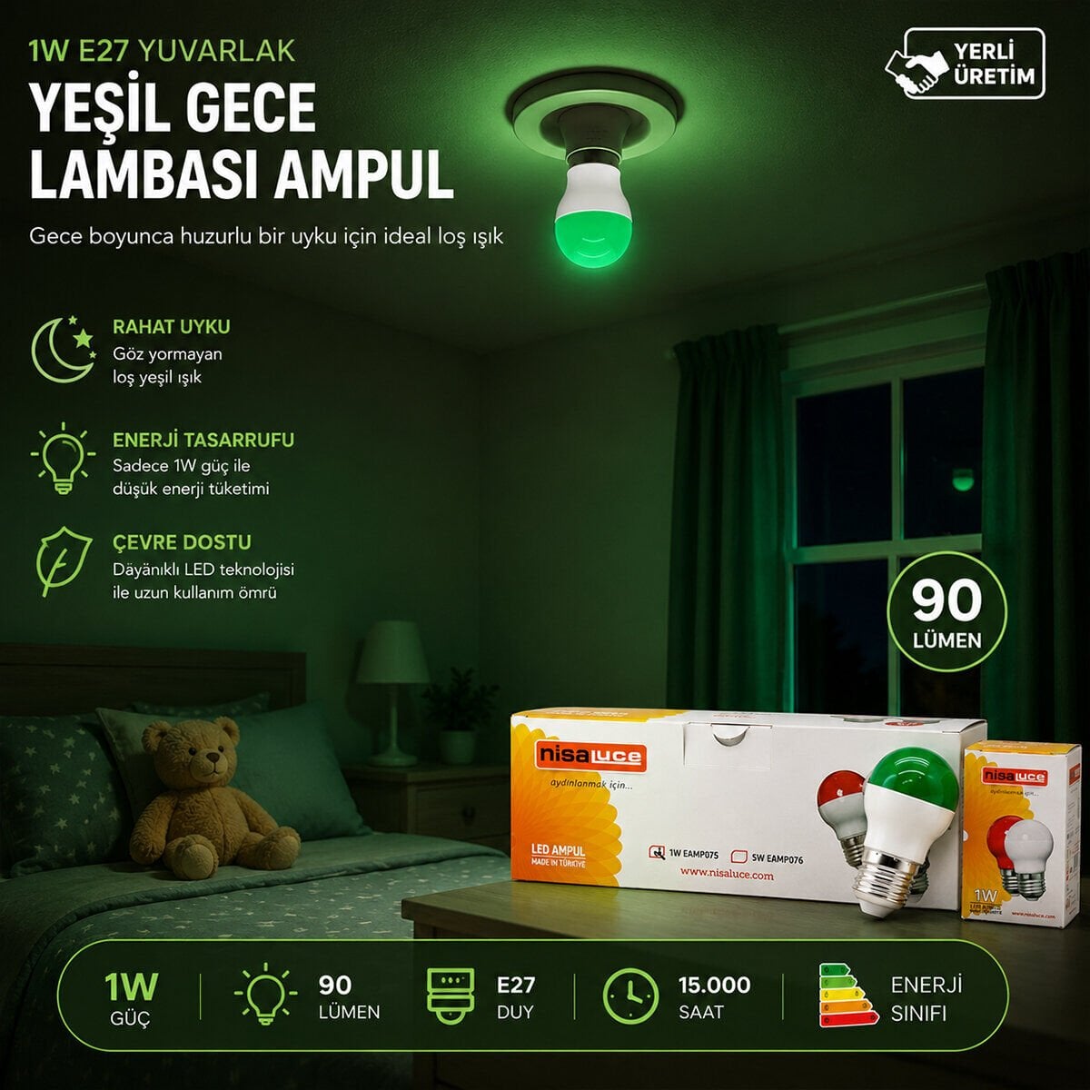 NİSALUCE EAMP-075 ( 1W ) ( E27 ) ( YEŞiL ) YUVARLAK GECE LAMBASI LED AMPUL*10X10