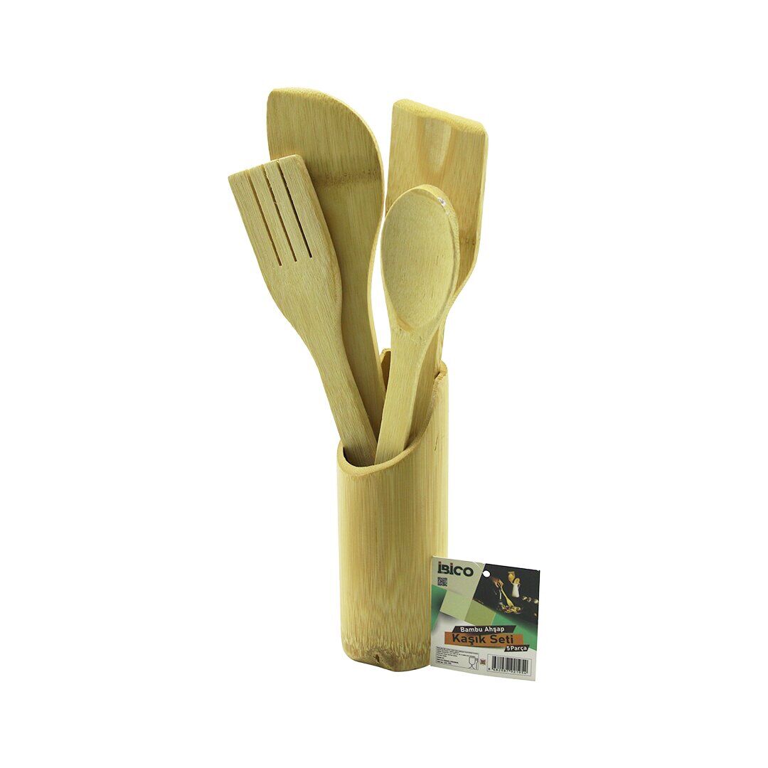 İBİCO İ22-195 ( 5PCS ) ( AHŞAP BAMBU ) MUTFAK SERVİS SETİ ( KAŞIK & ÇATAL & 2 PCS SPATULA & STAND ) ( 27.5CM & 30CM ) ( FİLELİ AMBALAJ )*48