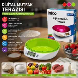 İBİCO İ11-009 ( DİJİTAL & PİLLİ ) MUTFAK TERAZİ TARTI ( KASELİ & 5KG/1GR )*24