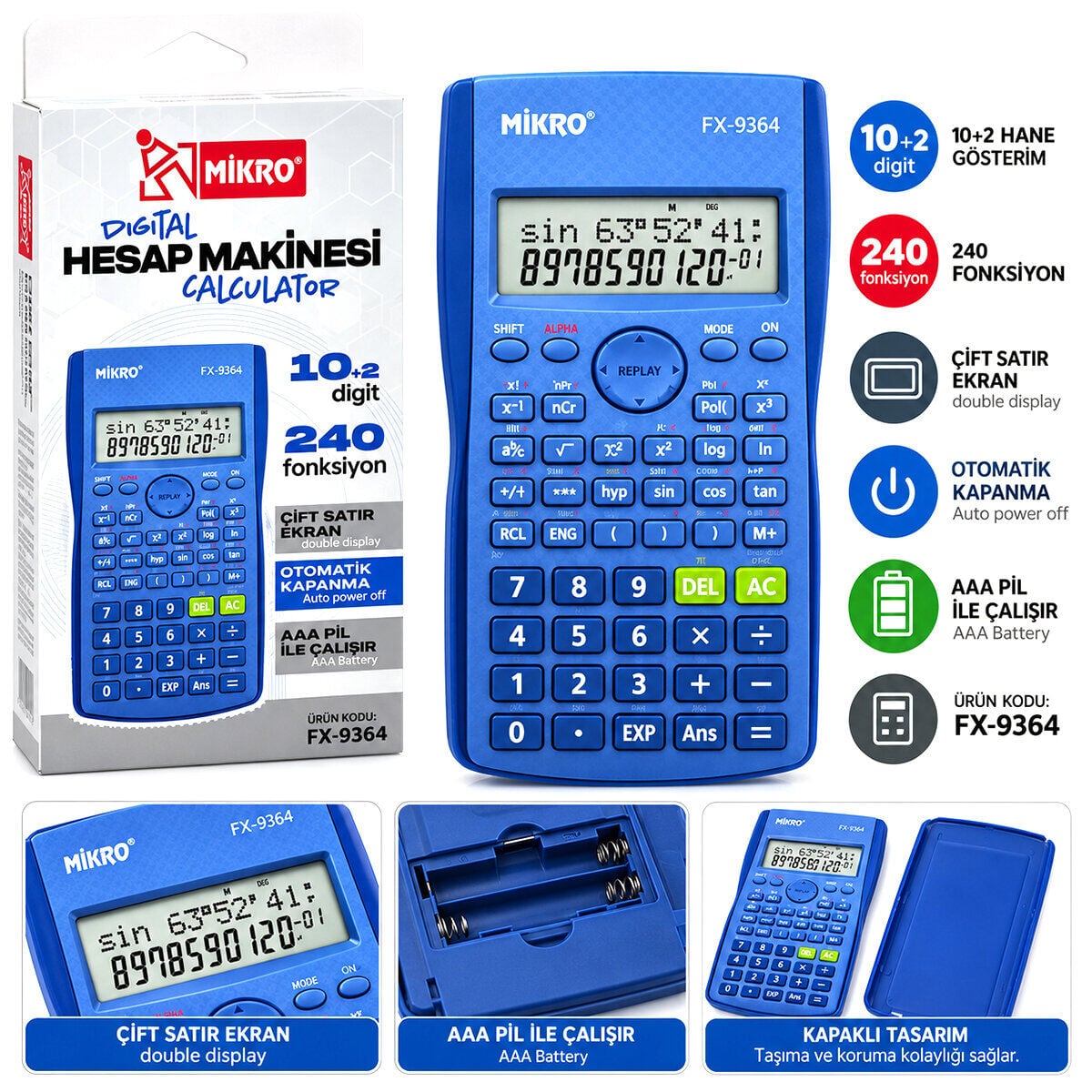 MİKRO FX-9364 ( MAVİ ) DİJİTAL PRO HESAP MAKİNESİ SİYAH ( 10+2 HANELİ ) ( 240 FONKSİYON )*120