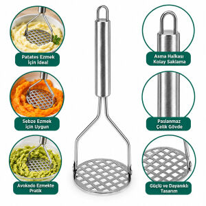 İBİCO İ22-286 ( YUVARLAK ) ( ÇAP: 8CM ) ( KROM SAPLI=10CM ) ( METAL ) PATATES EZİCİ ( TOPLAM UZUNLUK : 25CM )*12X10