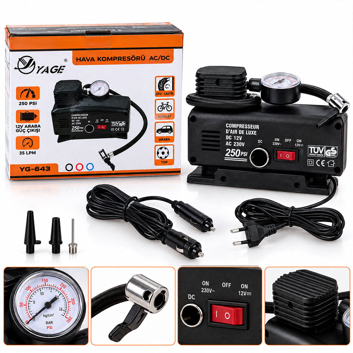 YAGE KA-843 ( 2IN1=OTO ÇAKMAKLIK & FİŞLİ ) ( TEK PİSTON ) HAVA KOMPRESÖRÜ ( DC-12V AC-220V & 250PSI )*15