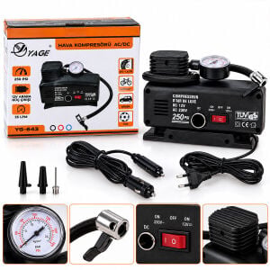 YAGE KA-843 ( 2IN1=OTO ÇAKMAKLIK & FİŞLİ ) ( TEK PİSTON ) HAVA KOMPRESÖRÜ ( DC-12V AC-220V & 250PSI )*15