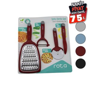 ROTA RT-326 ( ŞEFİN 4LÜ SETİ ) (1-ÇİFT TARAFLI RENDE & 1-PİZZA RULETİ & 1-SAPAN SOYACAK & 1-KALEM SOYACAK )(RENKLİ PLS.SAPLI)*24=K