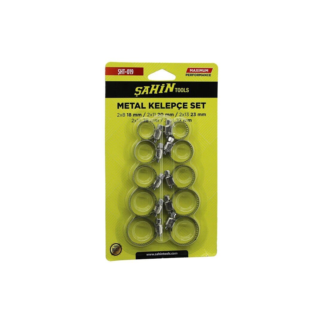 ŞAHİN TOOLS ŞHT-019 ( 10PCS ) METAL HORTUM KELEPÇESİ SET ( 2 ŞER ADET= 8-18MM - 11-20MM - 13-23MM - 18-25MM - 14-27MM )*300