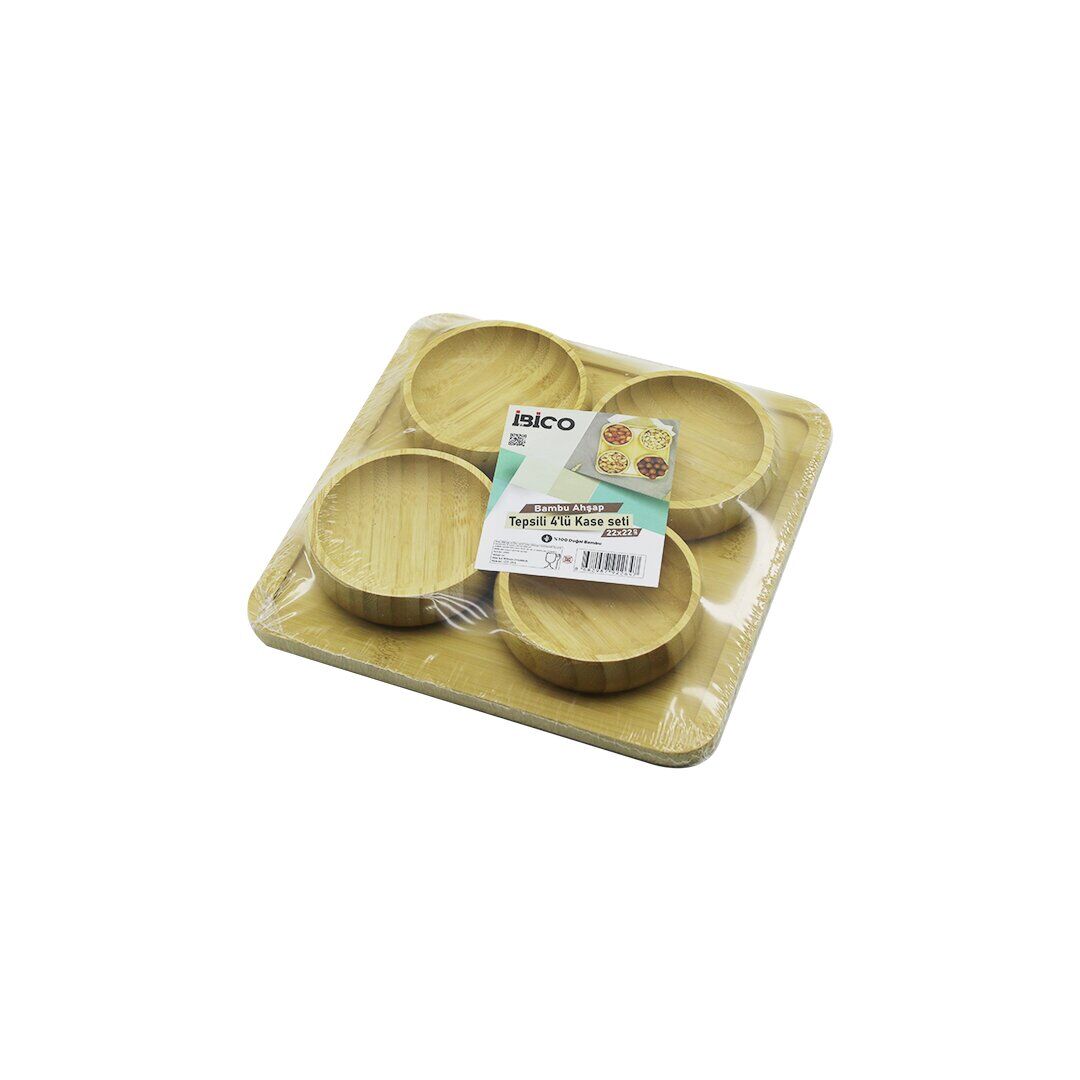 İBİCO İ22-264 ( 4PCS ) ( TEPSİLİ ) ( AHŞAP BAMBU ) ( ÇEREZLİK & LOKUMLUK ) KASE SETİ ( TEPSİ= 22X22CM ) ( ÇEREZLİK= ÇAP: 8.5CM & D: 2CM )*24