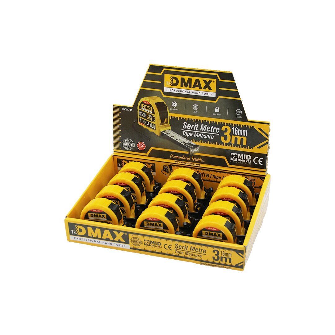 DMAX DMX-4745 ( 3MT X 16MM ) ÇELİK ŞERİT METRE ( STOPLU ) ( OTOMATİK KİLİT = BAS DURDUR & ÇEK SARSIN )*12X12