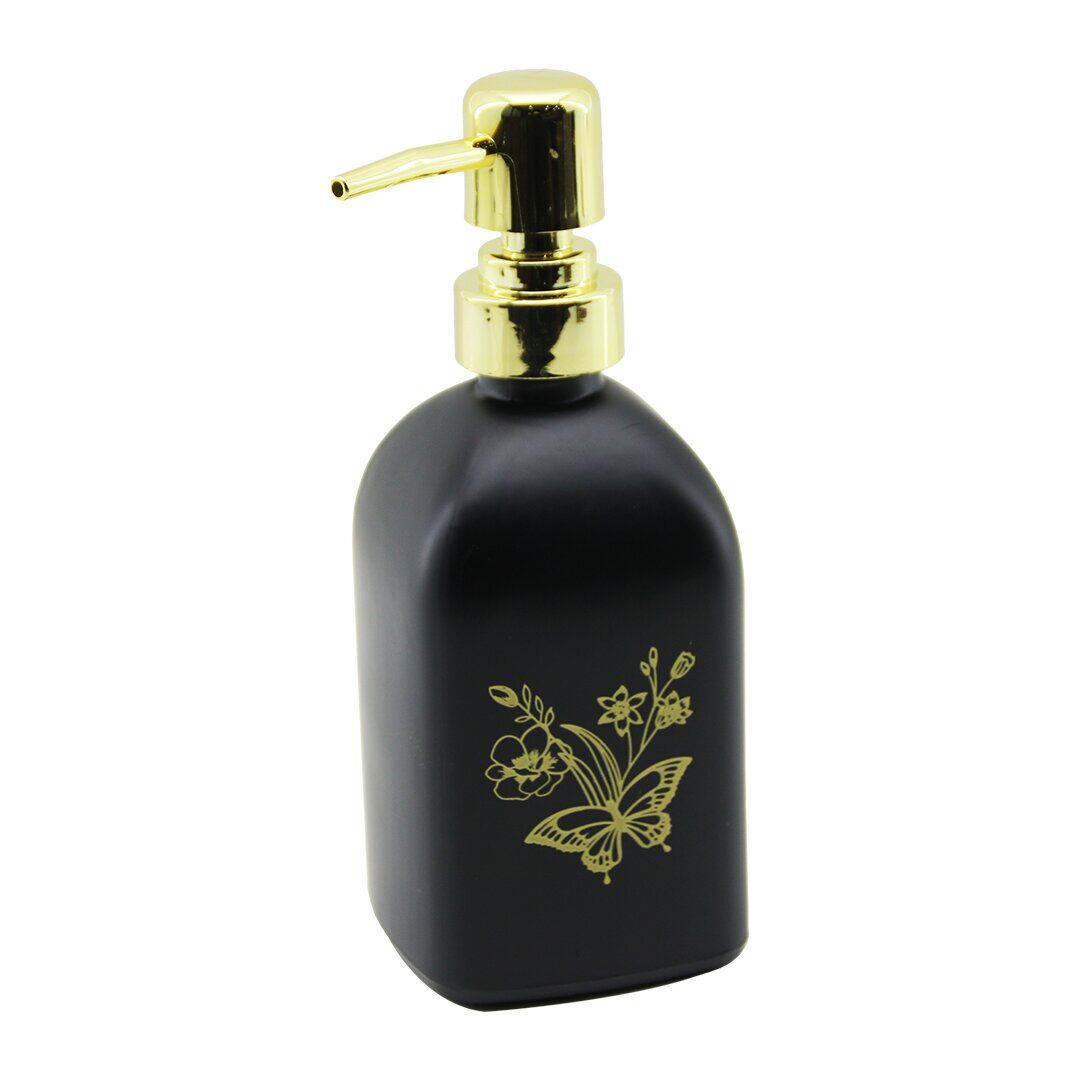 DMR HOME DMR-8163 (CAM) (KARE & SİYAH ŞİŞE--SARI KELEBEK-ÇiÇEK DESEN) SIVI SABUNLUK (400ML) (GOLD PLASTİK POMPA)*48