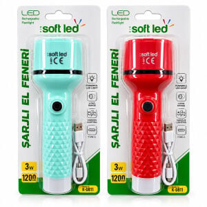 SOFTLED K-0811 ( 2IN1 ) ŞARJLI EL FENERİ ( USB & TYPE-C ŞARJLI ) ( 1 LED 2W & 8 SMD 1W )*90