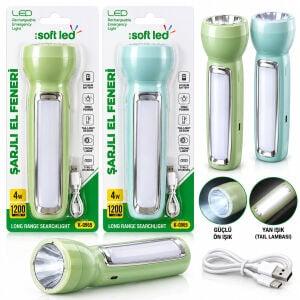 SOFTLED K-0965 ( 2IN1 ) SOFTLED ŞARJLI EL FENERİ ( USB & TYPE-C ŞARJLI ) ( 1 LED 1.2W & 14 LED 2.4W )*60
