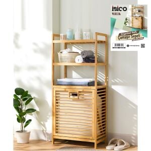 İBİCO İ21-083 ( 3 KAT ORGANİZER RAFLI ) ( ÖNDEN ÇEK AÇ ) ( KALIN AHŞAP BAMBU ) KİRLİ ÇAMAŞIR SEPETİ ( 40X30X130CM )*4
