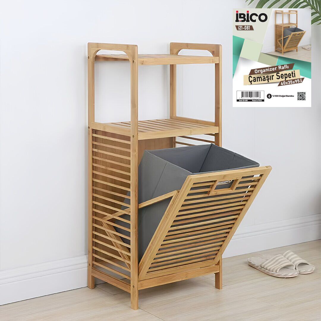 İBİCO İ21-081 ( 2 KAT ORGANİZER RAFLI ) ( ÖNDEN ÇEK AÇ ) ( KALIN AHŞAP BAMBU ) KİRLİ ÇAMAŞIR SEPETİ ( 40X35X95CM )*4