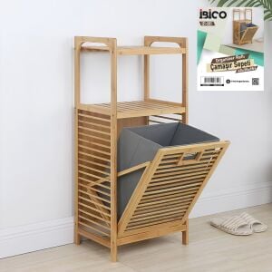 İBİCO İ21-081 ( 2 ORGANİZER RAFLI & ÇEK AÇ SEPET ) ( AHŞAP BAMBU ) KİRLİ ÇAMAŞIR SEPET ( 40X35X95CM )*4