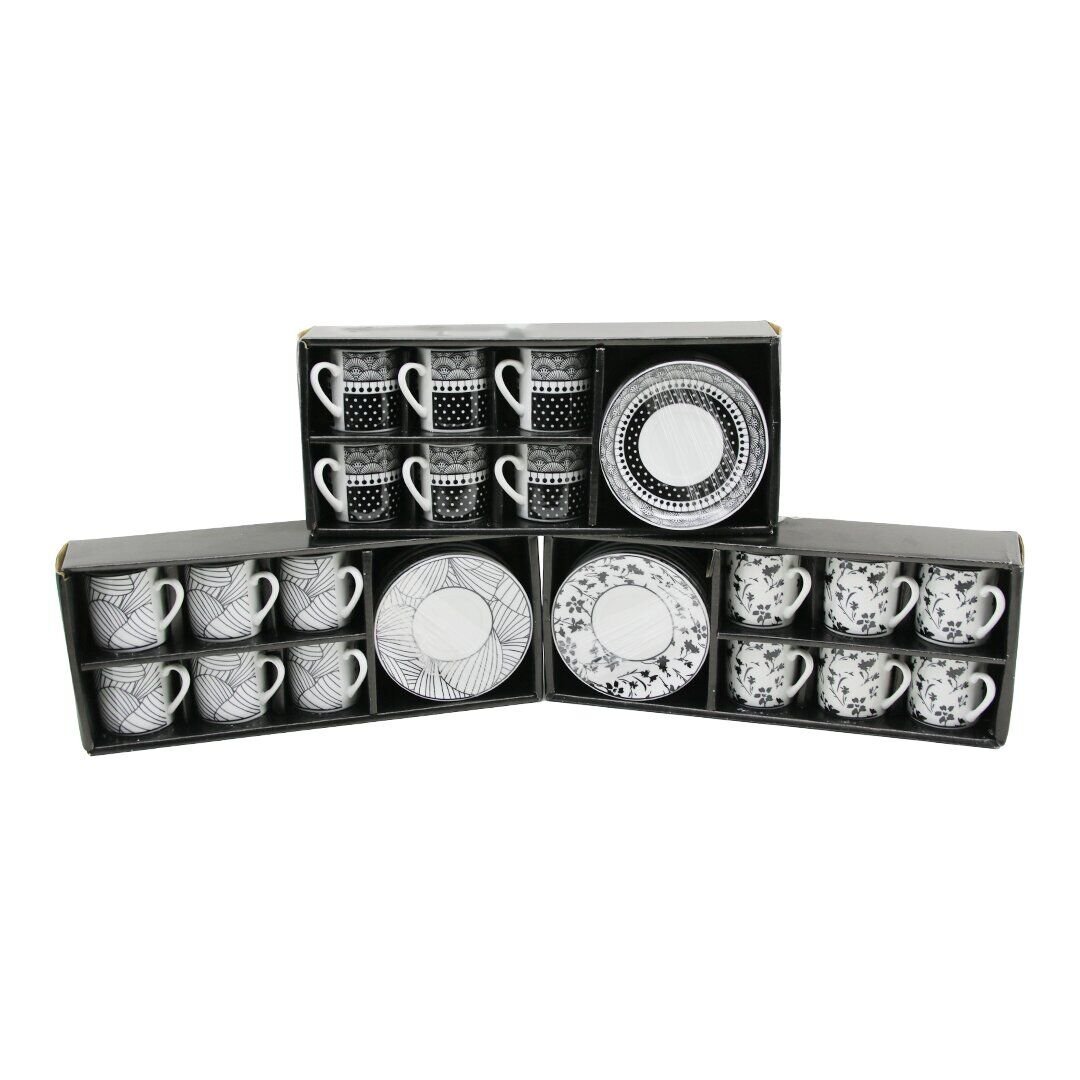 NEWLİFE CLKN-2371 ( SİYAH & BEYAZ ) ( 12PCS=6-TAKIM ) PORSELEN KAHVE FİNCANI ( ÇİÇEK & ÇİZGİ & NOKTA MİX DESEN )*12