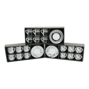 NEWLİFE CLKN-2371 ( SİYAH & BEYAZ ) ( 12PCS=6-TAKIM ) PORSELEN KAHVE FİNCANI ( ÇİÇEK & ÇİZGİ & NOKTA MİX DESEN )*12