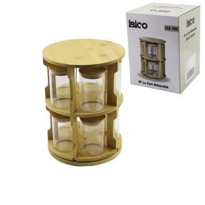 İBİCO İ22-130 ( 10PCS ) ( 2 KATLI ) ( YUVARLAK & DÖNER STANDLI ) ( CAM ) (BAMBU KAPAK) TUZLUK & BAHARATLIK SETİ (BAMBU STAND=ÇAP: 21CM & Y: 28CM )*6