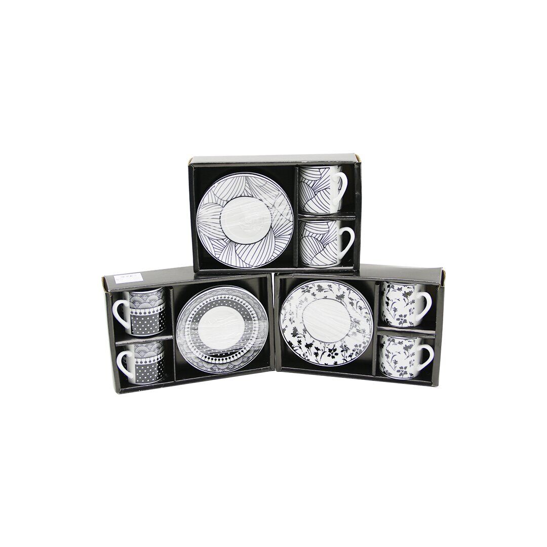 NEWLİFE CLKN-2373 ( SİYAH & BEYAZ ) ( 4PCS=2-TAKIM ) PORSELEN KAHVE FİNCANI ( ÇİÇEK & ÇİZGİ & NOKTA MİX DESEN )*36