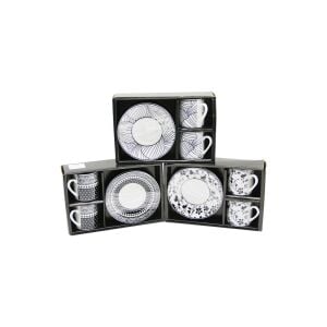 NEWLİFE CLKN-2373 ( SİYAH & BEYAZ ) ( 4PCS=2-TAKIM ) PORSELEN KAHVE FİNCANI ( ÇİÇEK & ÇİZGİ & NOKTA MİX DESEN )*36