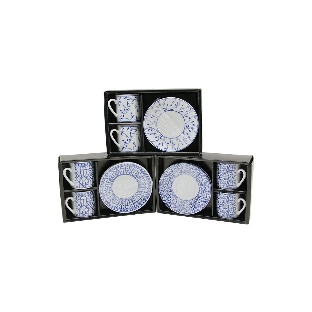 NEWLİFE CLKN-2372 ( MAVİ & BEYAZ ) ( 4PCS=2-TAKIM ) PORSELEN KAHVE FİNCANI ( ÇİÇEK & ÇİZGİ & NOKTA MİX DESEN )*36