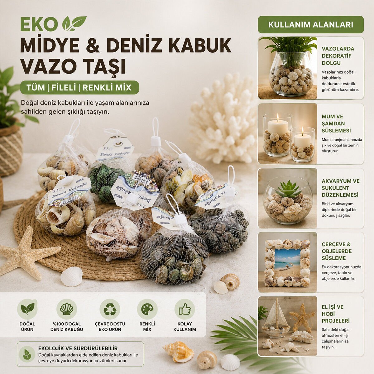 İBİCO İ12-243 ( FİLELİ ) ( RENKLİ MİX ) ( EKO ) MİDYE & DENİZ KABUK VAZO TAŞI*20X10