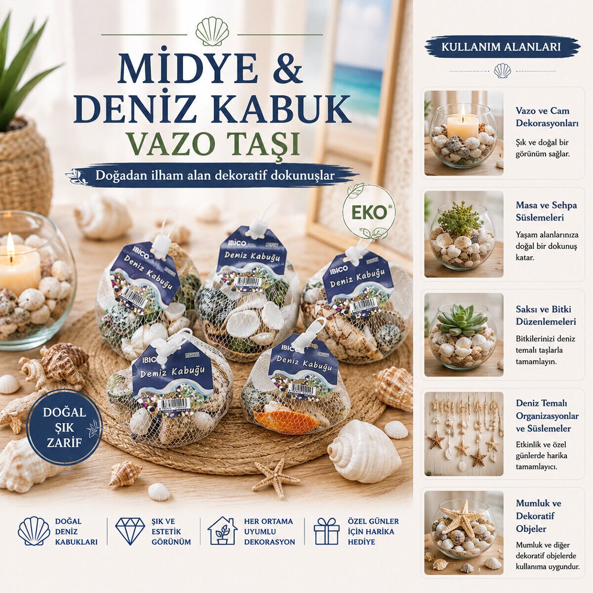İBİCO İ12-245 ( FİLELİ ) ( RENKLİ MİX ) ( EKO ) MİDYE & DENİZ KABUK VAZO TAŞI*15X10