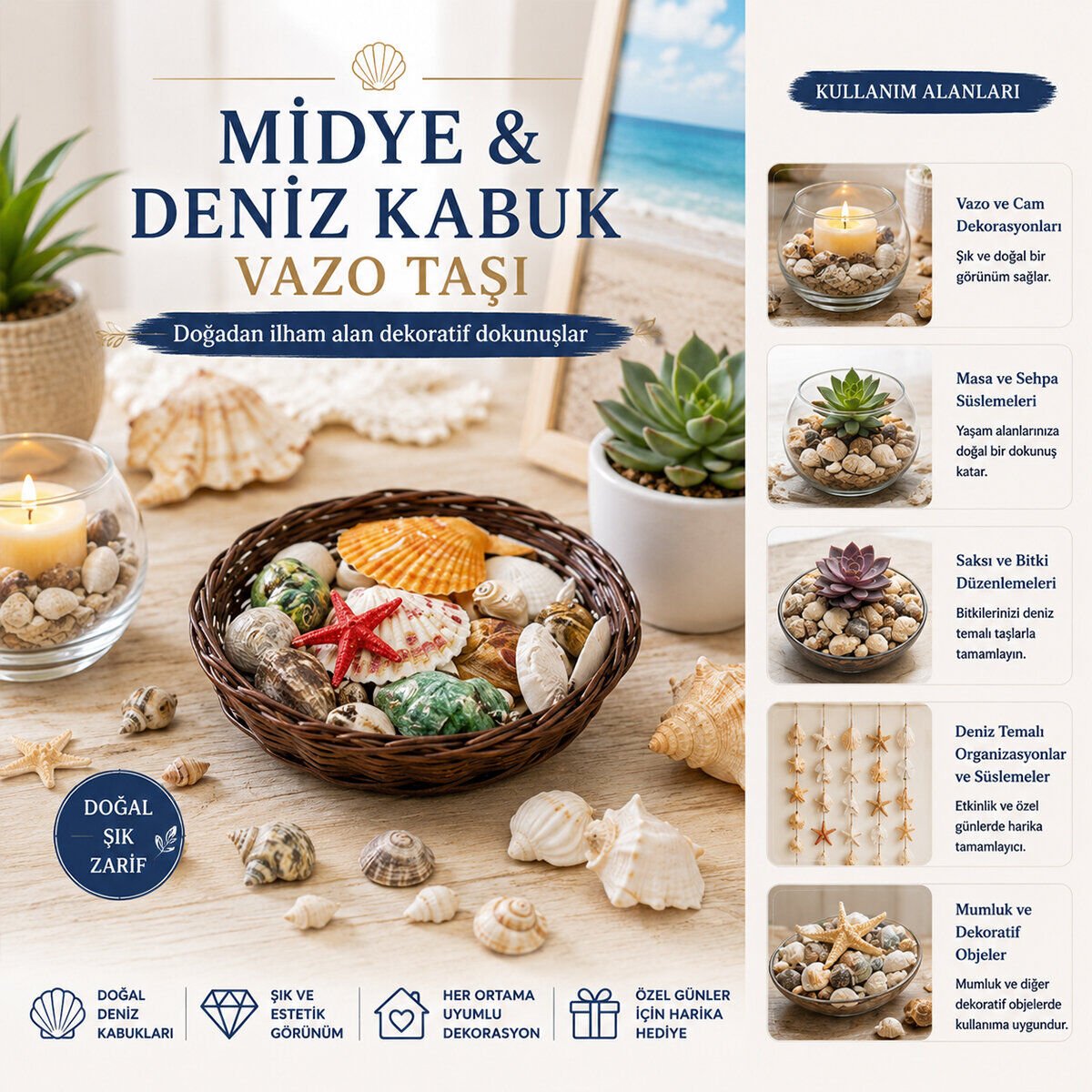 İBİCO İ12-246 ( YUVARLAK AHŞAP SEPET ) ( RENKLİ MİX ) MİDYE & DENİZ KABUK VAZO TAŞI*54