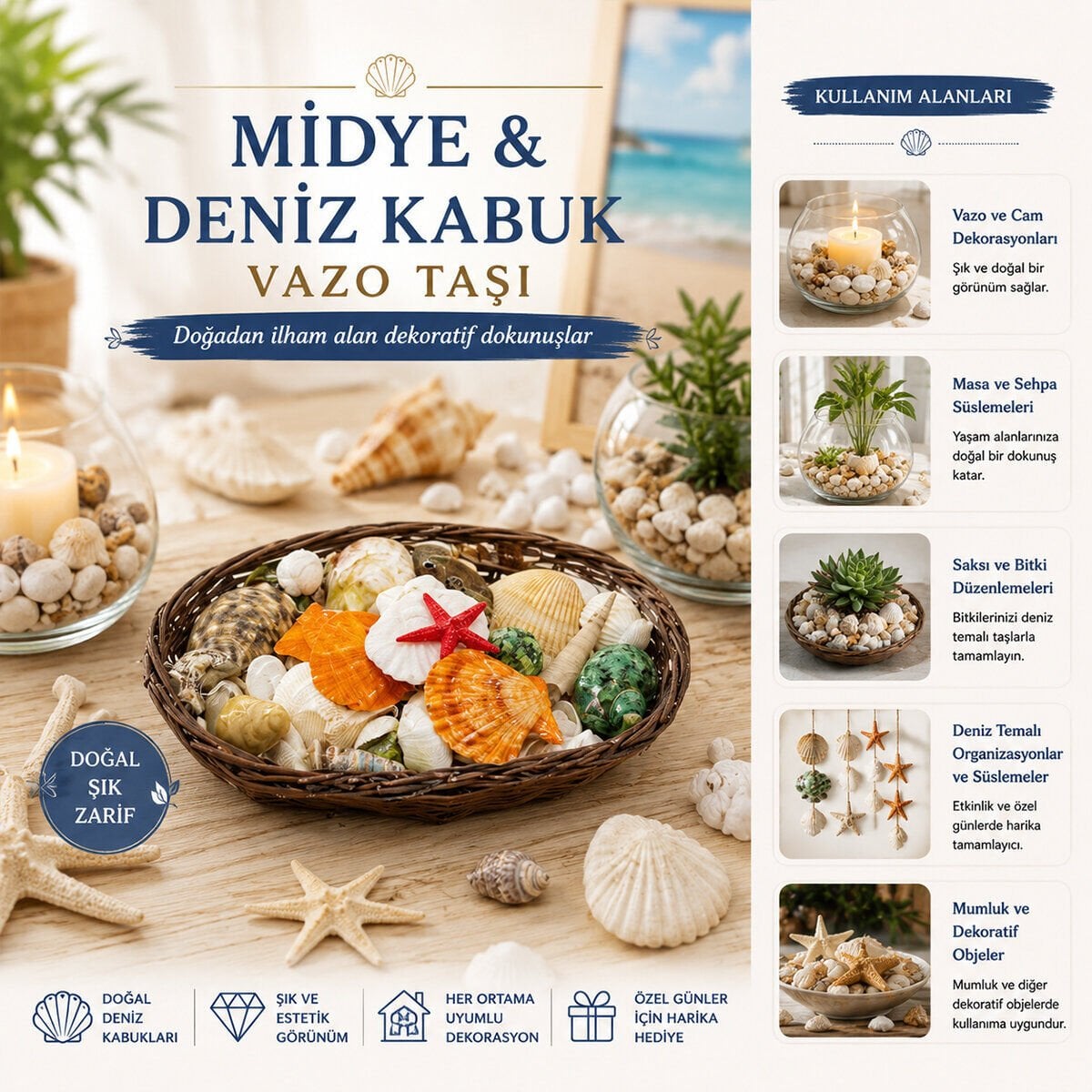 İBİCO İ12-247 ( OVAL AHŞAP SEPET ) ( RENKLİ MİX ) MİDYE & DENİZ KABUK VAZO TAŞI*56