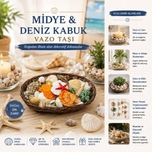 İBİCO İ12-247 ( OVAL AHŞAP SEPET ) ( RENKLİ MİX ) MİDYE & DENİZ KABUK VAZO TAŞI*56