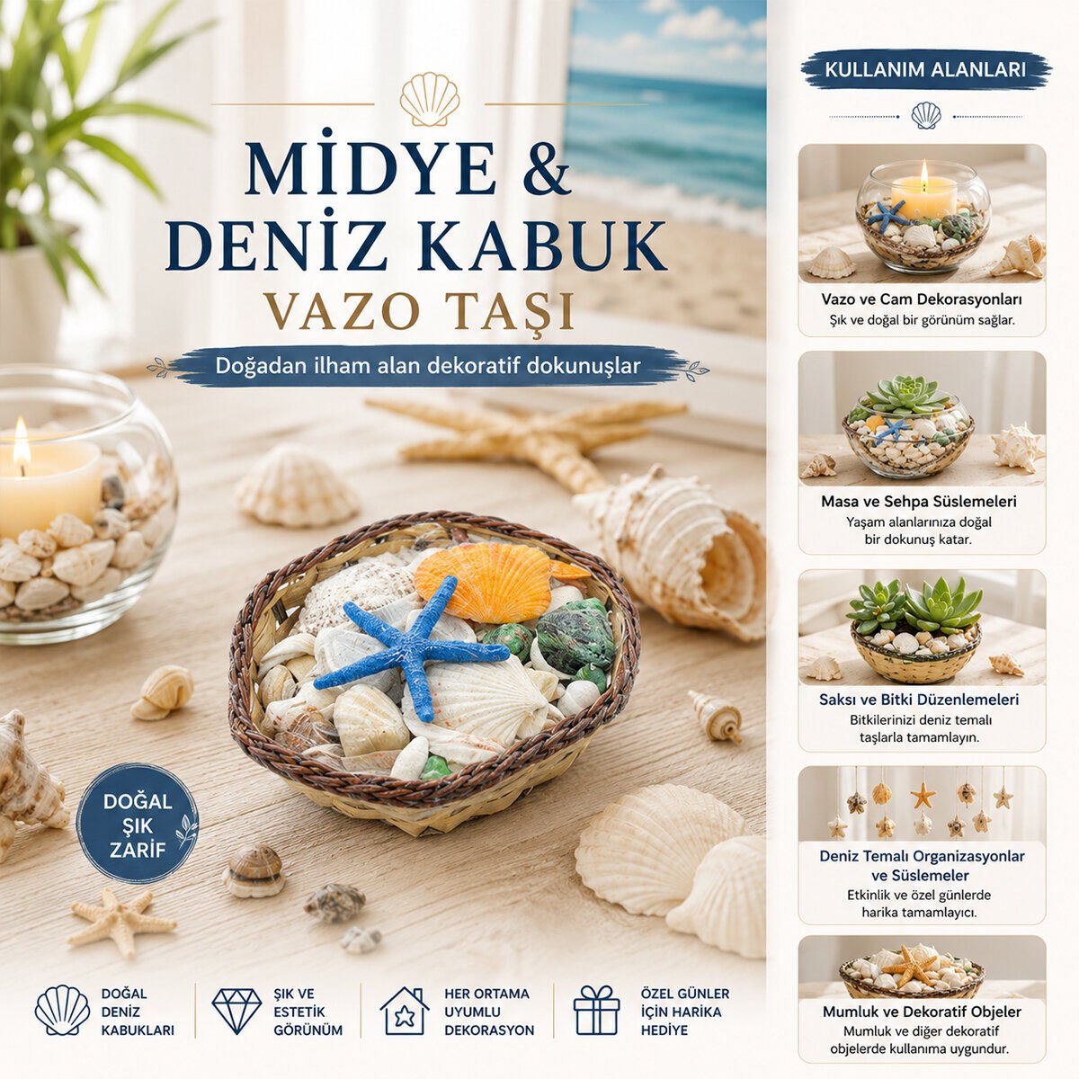 İBİCO İ12-248 ( KÜÇÜK & KARE & AHŞAP SEPETLİ ) ( RENKLİ MİX ) MİDYE & DENİZ KABUK VAZO TAŞI*72