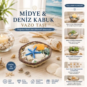 İBİCO İ12-248 ( KÜÇÜK & KARE & AHŞAP SEPETLİ ) ( RENKLİ MİX ) MİDYE & DENİZ KABUK VAZO TAŞI*72