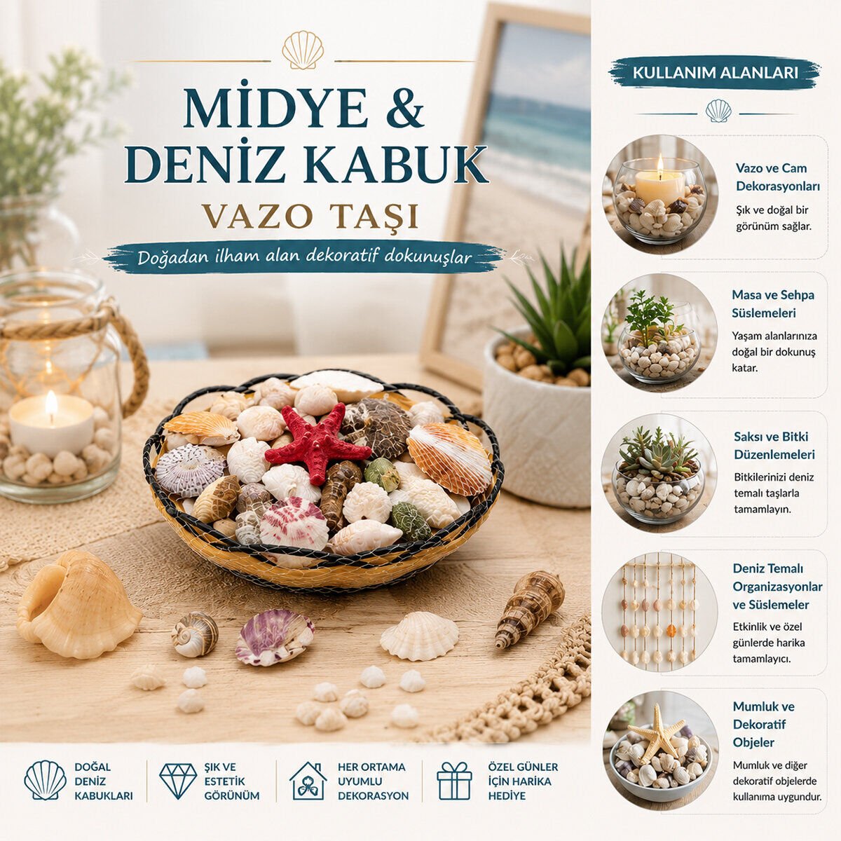 İBİCO İ12-249 ( AHŞAP YUVARLAK SEPET & FİLELİ ) ( RENKLİ MİX ) MİDYE & DENİZ KABUK VAZO TAŞI*40
