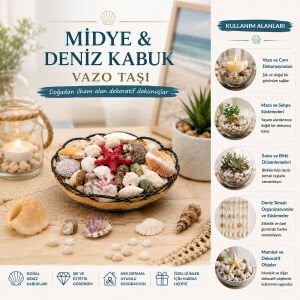 İBİCO İ12-249 ( AHŞAP YUVARLAK SEPET & FİLELİ ) ( RENKLİ MİX ) MİDYE & DENİZ KABUK VAZO TAŞI*40