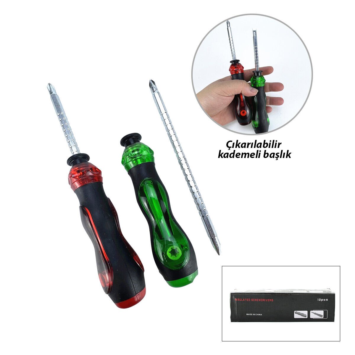 INSULATED SCREWORD LRD-155 ( RENKLİ & SİLİKON SAPLI )( 2İN1=ÇİFT TARAFLI UÇ ) KADEMELİ TORNAVİDA ( MIKNATIS UÇ & YILDIZ - DÜZ )*12X20