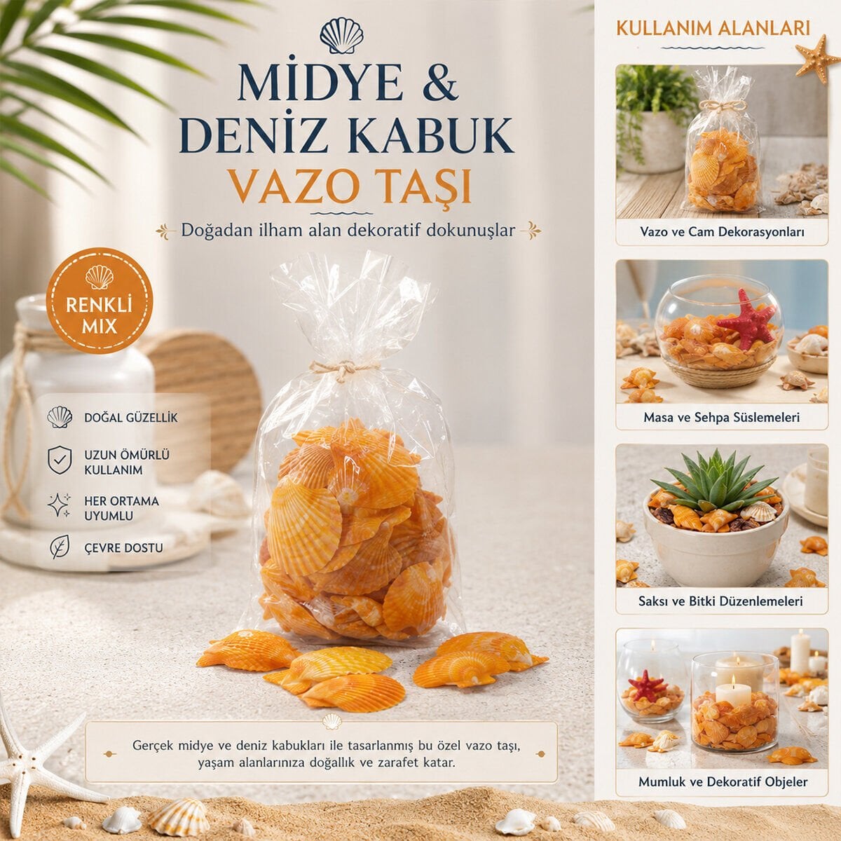 İBİCO İ12-252 ( POŞETLİ ) ( RENKLİ MİX ) MİDYE & DENİZ KABUK VAZO TAŞI*50