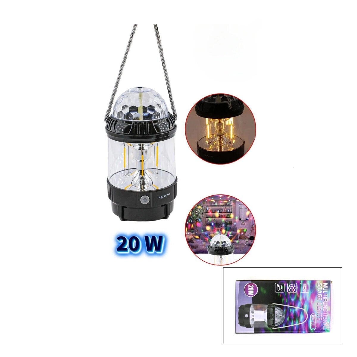 MULTI-FUNCTIONALL STAGE HW-978B ( 3IN1 ) DÖNEBİLEN DİSKO RENKLİ & FANUS FENER PİLLİ & POWERBANK 20W*60