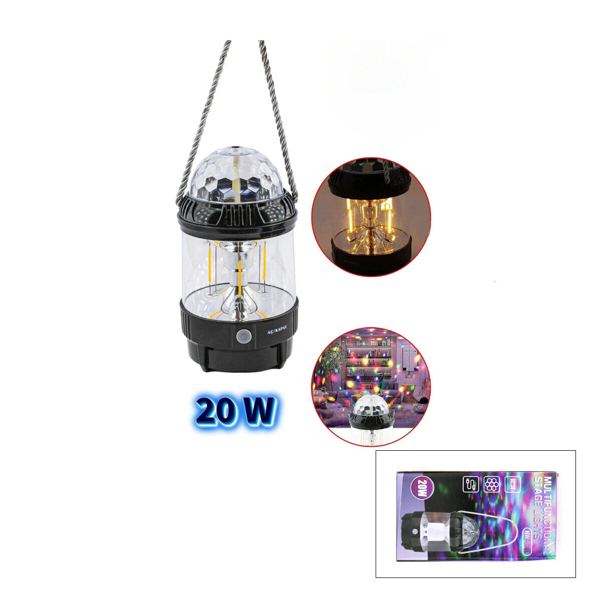 MULTI-FUNCTIONALL STAGE HW-978B ( 3IN1 ) DÖNEBİLEN DİSKO RENKLİ & FANUS FENER PİLLİ & POWERBANK 20W*60