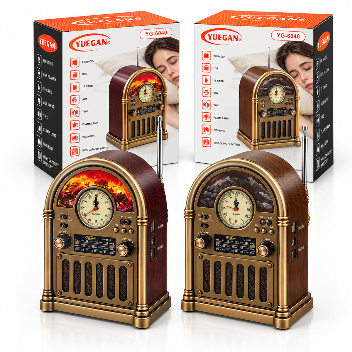 YUEGAN YG-6040 PL-4733 ( SAATLİ & İBRELİ ) ŞÖMİNELİ RADYO & RETRO ( AM & FM & SW )( USB & TYPE-C SARJLI )( BT & TF & USB ) SPEAKER*20