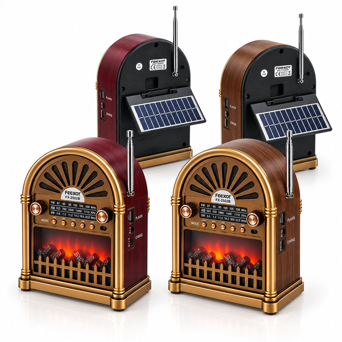 YUEGAN YG-6041BTS PL-4734 ( SOLAR & İBRELİ ) ŞÖMİNELİ RADYO & RETRO ( AM & FM & SW )( USB & TYPE-C SARJLI )( BT & TF & USB ) SPEAKER*20